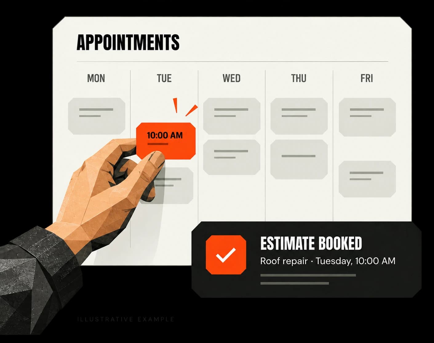 Illustrative example: a roof repair estimate is booked on the calendar for Tuesday at 10 AM.