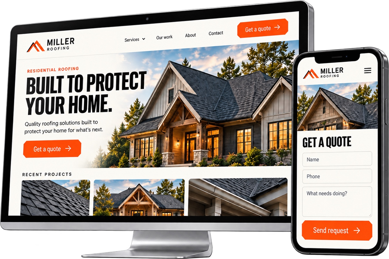 Illustrative Miller Roofing website on a monitor and phone, showing a roofing project gallery and estimate request form.