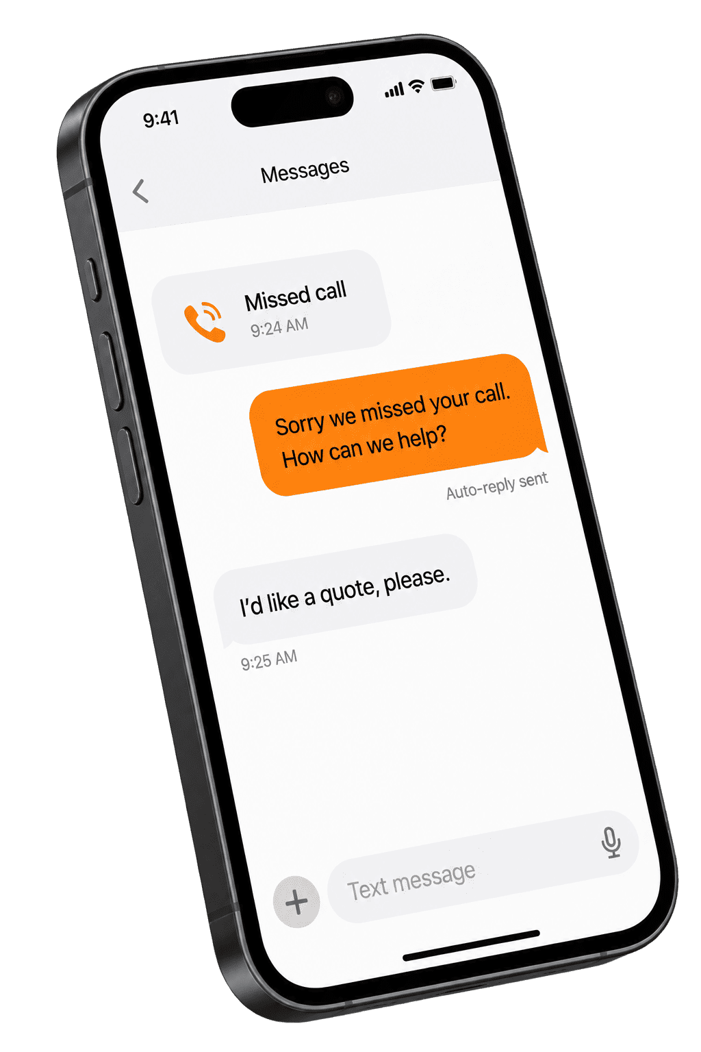 A graphite phone showing an automatic reply to a missed call: “Sorry we missed your call. How can we help?” The customer replies, “I’d like a quote, please.”