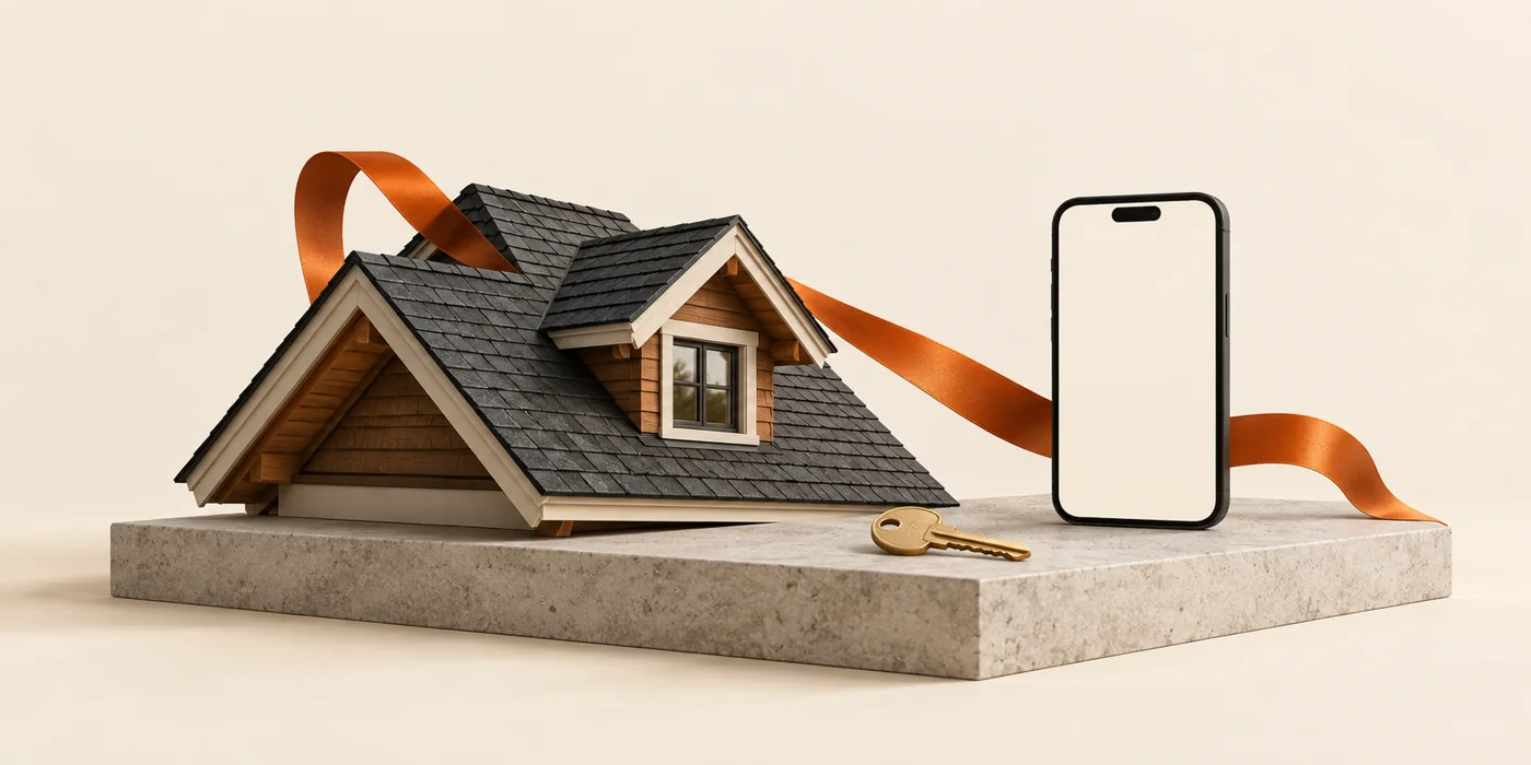 Illustrative roof and phone connected by an orange ribbon, representing ongoing customer contact