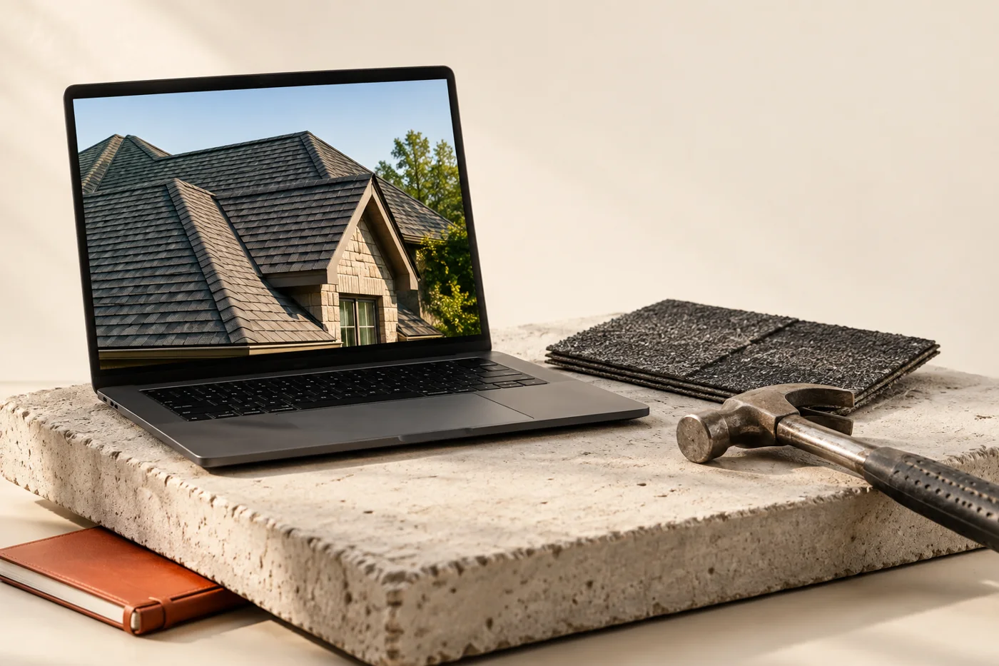 Illustrative contractor website scene: a laptop with roofing imagery on raw concrete beside a shingle sample