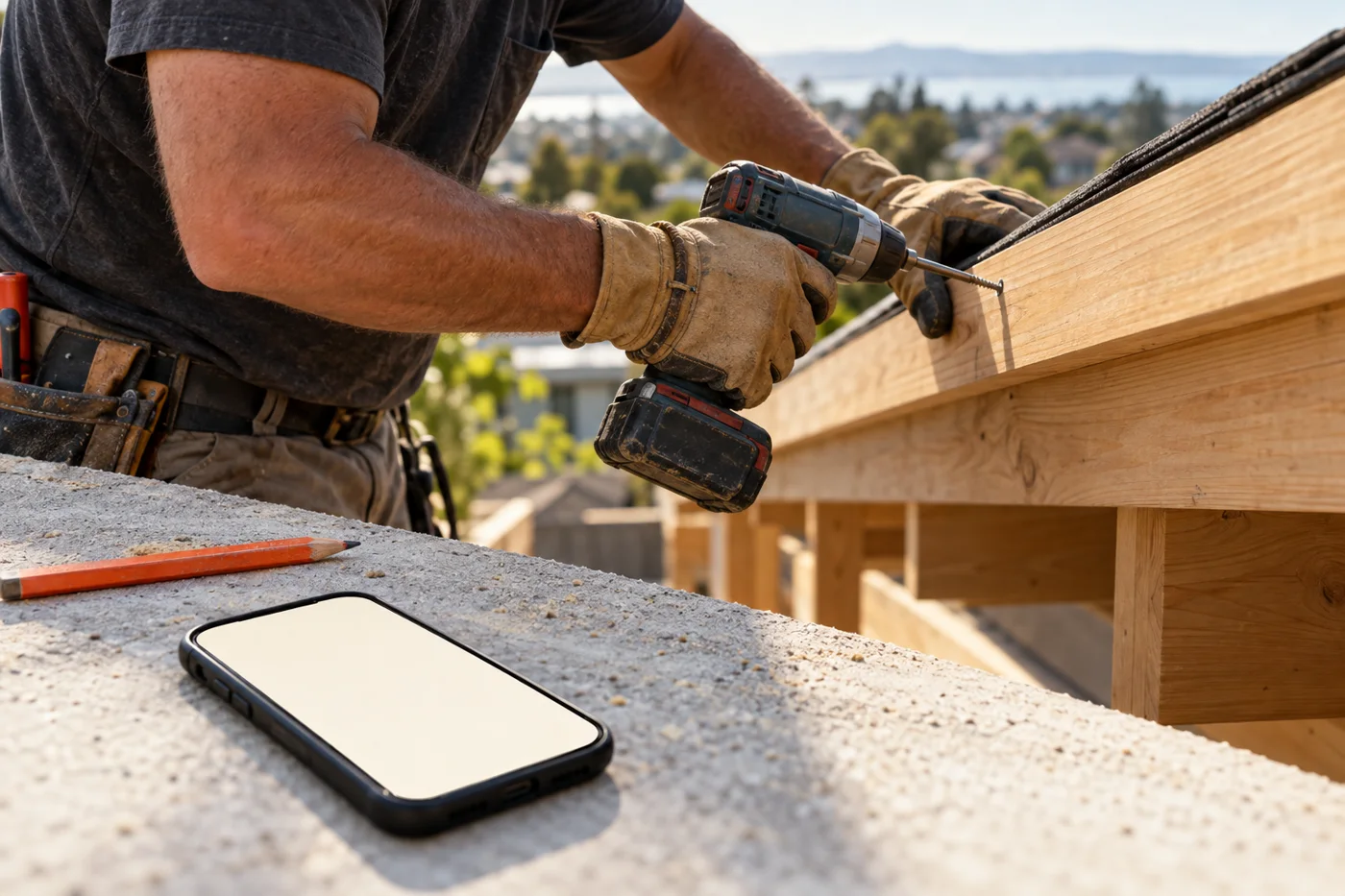 Illustrative scene of a contractor working with both hands while a phone rests nearby